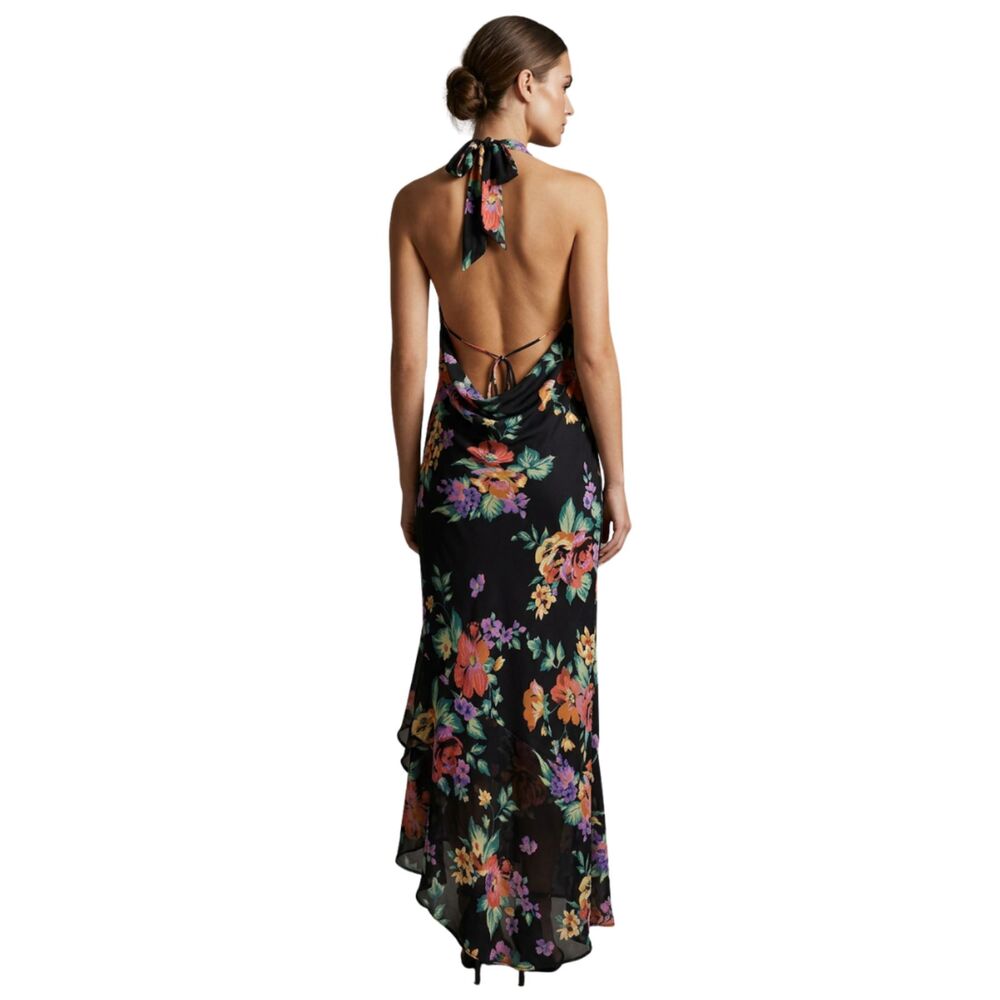 River Island Black Floral Halter Maxi Dress Cowl Back Asymmetric Hem Boho US 2